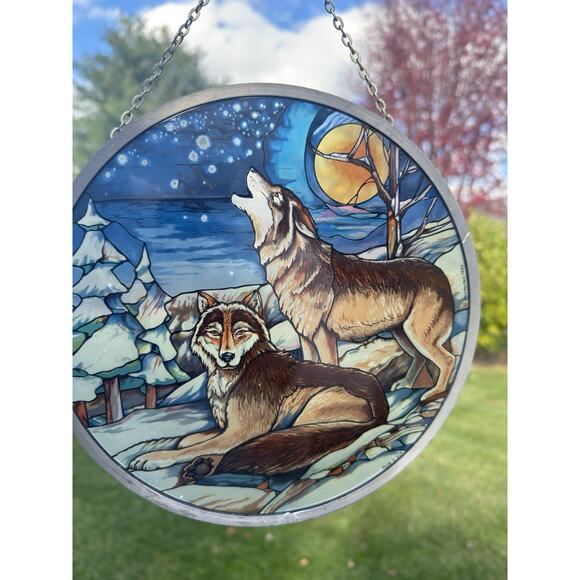 1990 Glassmasters Howling Wolves 8.75” Stained Glass Suncatcher – Made in USA - Picture 2 of 10
